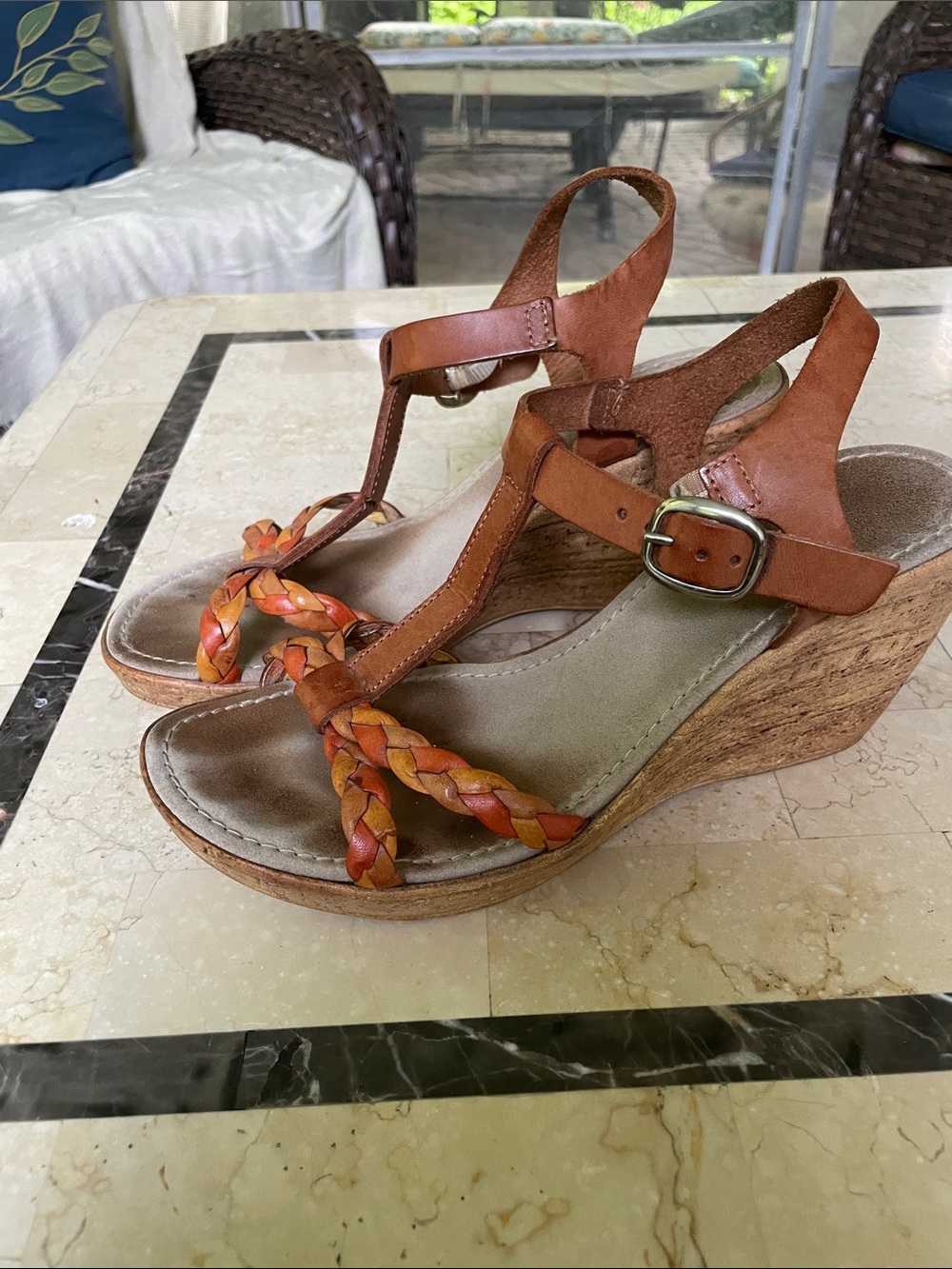 Women's Braided T-Strap Wedge Sandals - Tan/Brown